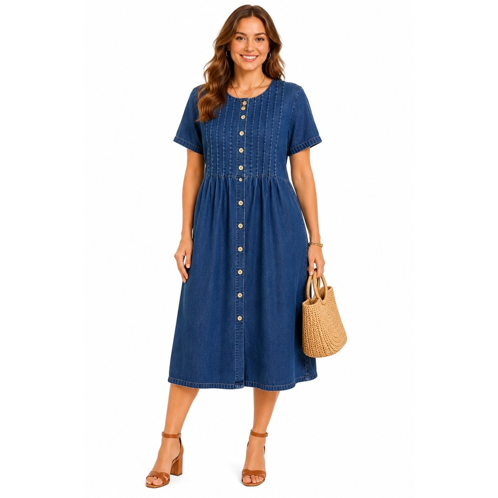Sarin New York Blue Denim Pintuck Midi‎ Dress Short Sleeve Medium Wash M